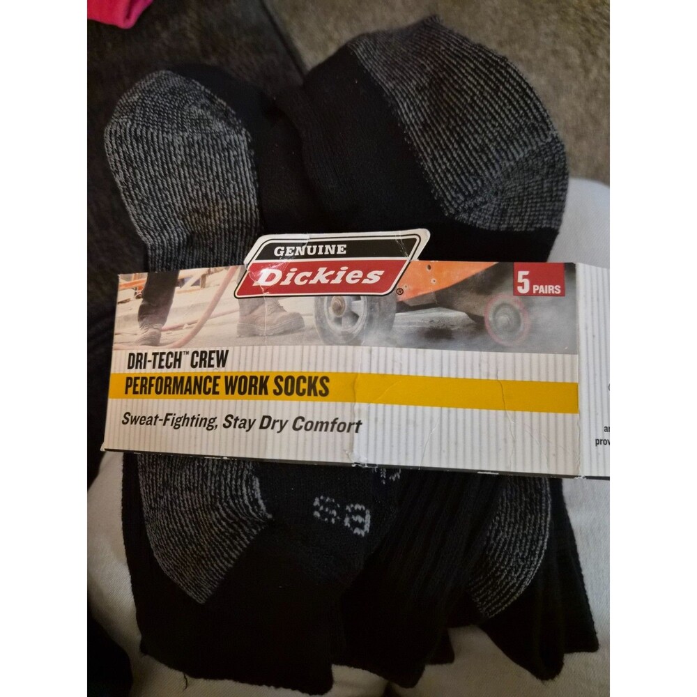 Genuine Dickies Dri-Tech Crew Socks 5 Pair Size 6-12 Black/Gray